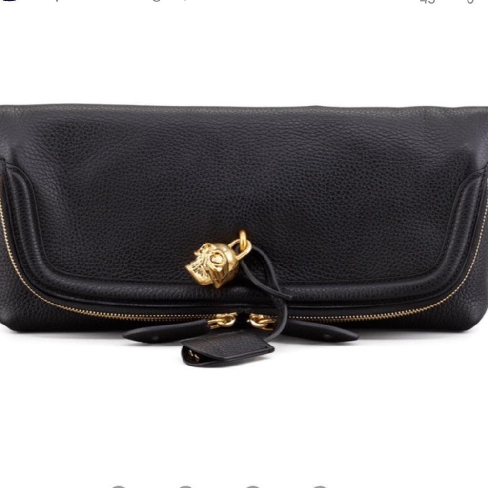 Alexander McQueen Black Calfskin Skull Padlock Fold Zip Clutch